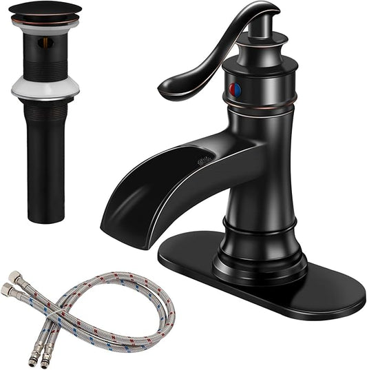 BWE Bathroom Sink Faucet Oil Rubbed Bronze Waterfall with Pop Up Drain Stopper Assembly Water Supply Hose Rustic Lead-Free Lavatory Vanity Bath Black Farmhouse Faucet Single Handle Mixer Single Hole