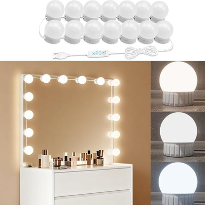 Hollywood Style LED Vanity Mirror Lights, USB Makeup Fill Light Adjustable Brightness & Color, Stick On for Dressing Room Bathroom, 14 Bulbs