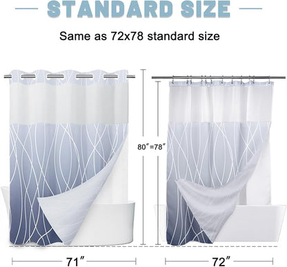 LXBNI No Hook Shower Curtain with Snap-in Liner, Waterproof & Washable Polyester Fabric, Abstract Line Pattern, Hotel Style Modern Shower Curtains for Bathroom, 71x80 Inches,Ombre Blue