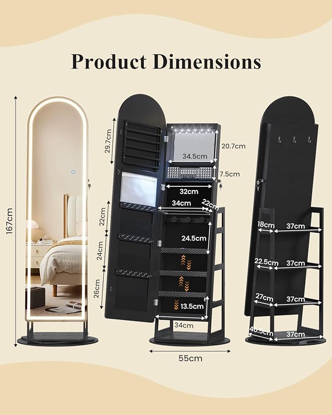 LVSOMT LED Arched Mirror Jewelry Cabinet Standing, Lockable Jewelry Armoire | 360° Swivel Full-Length Mirror with Storage, Large Jewelry Organizer Mirror, Foldable Makeup Shelf, Gift for Women, BlackWood
