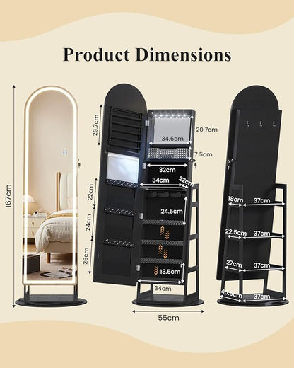 LVSOMT LED Arched Mirror Jewelry Cabinet Standing, Lockable Jewelry Armoire | 360° Swivel Full-Length Mirror with Storage, Large Jewelry Organizer Mirror, Foldable Makeup Shelf, Gift for Women, BlackWood