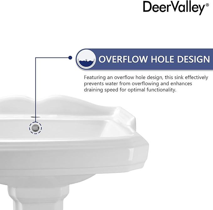 DeerValley Dynasty 23x19 Inch White Ceramic Pedestal Bathroom Sink with Overflow, Single Faucet Hole, DV-1P52201