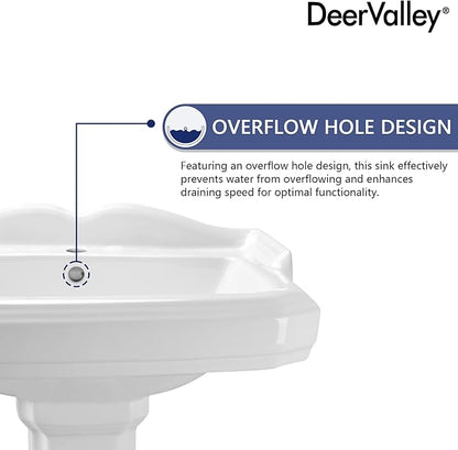 DeerValley Dynasty 23x19 Inch White Ceramic Pedestal Bathroom Sink with Overflow, Single Faucet Hole, DV-1P52201