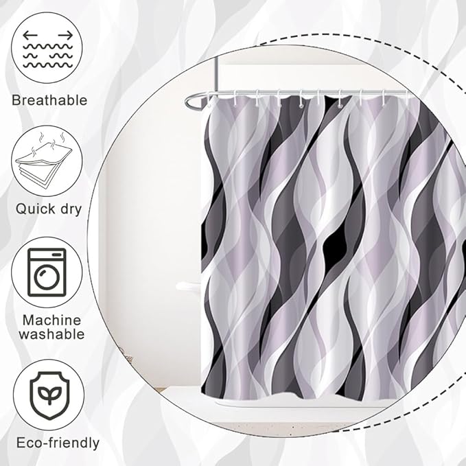 Lavender Shower Curtain, Modern Purple and Grey Striped Shower Curtain Set for Bathroom Waterproof Polyester Shower Curtain with Hooks, 54x72 Inch