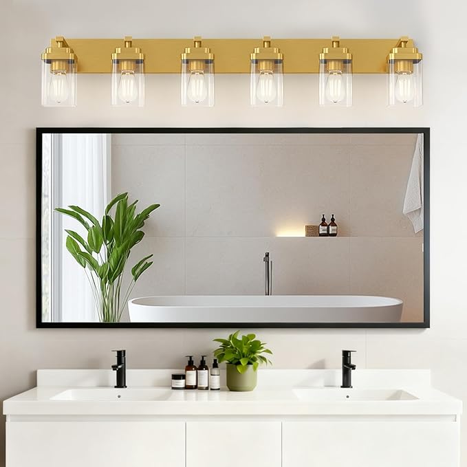 Brushed Gold Bathroom Light Fixtures, 6 Lights Bathroom Lighting Fixtures Over Mirror, Square Design & Rectangle Large Backplate, Modern Vanity Lighting Fixtures, for Living Room/Bedroom