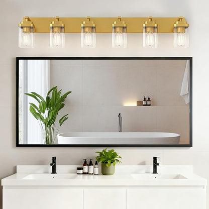 Brushed Gold Bathroom Light Fixtures, 6 Lights Bathroom Lighting Fixtures Over Mirror, Square Design & Rectangle Large Backplate, Modern Vanity Lighting Fixtures, for Living Room/Bedroom