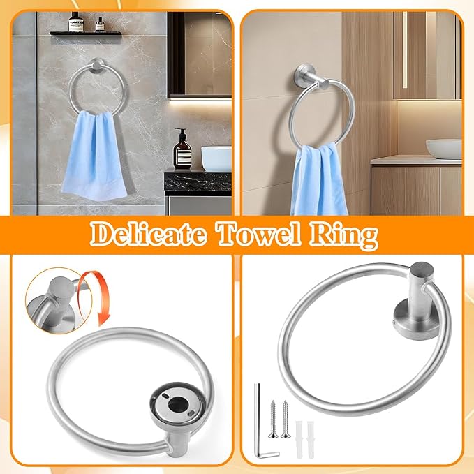 Brushed Silver 8-Piece Bathroom Hardware Set Stainless Steel, 24in and 16in Towel Bars Set Wall Mounted Bathroom Accessories