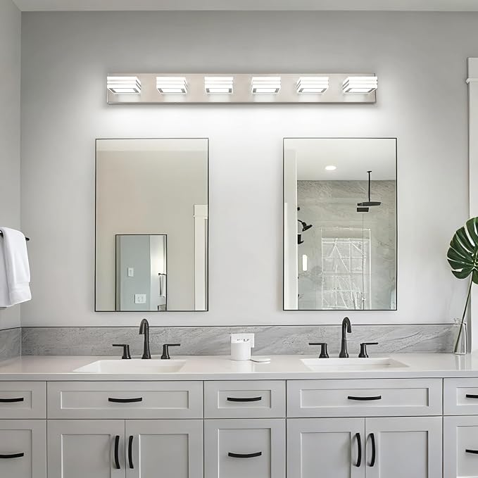 SOLFART Modern LED Vanity Lights Fixtures: 6 Lights Acrylic LED Brushed Nickel Vanity Lights for Bathroom 39inch