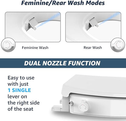 Raised Bidet Toilet Seat Elongated 18.5" – Soft Close, Dual Self-Cleaning Nozzles, Quick Release & Connect, Sturdy PP, Won't Loosen, Ideal for Seniors, Elderly & Limited Mobility, White