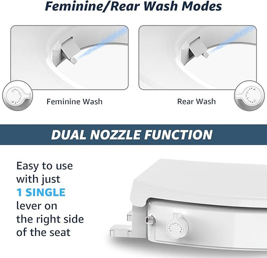 Raised Bidet Toilet Seat Elongated 18.5" – Soft Close, Dual Self-Cleaning Nozzles, Quick Release & Connect, Sturdy PP, Won't Loosen, Ideal for Seniors, Elderly & Limited Mobility, White