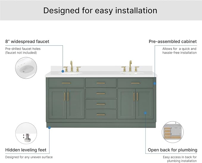 ARIEL Hepburn 72-inch Bathroom Vanity with Sink,Solid Wood, 1.5-inch Pure White Quartz Countertop & Backsplash, Double Oval Porcelain Sink, 4 Soft Closing Doors, 6 Dovetail Drawers, Vintage Green