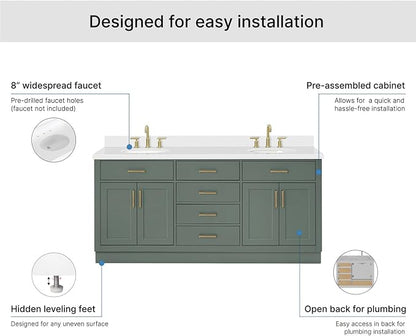 ARIEL Hepburn 72-inch Bathroom Vanity with Sink,Solid Wood, 1.5-inch Pure White Quartz Countertop & Backsplash, Double Oval Porcelain Sink, 4 Soft Closing Doors, 6 Dovetail Drawers, Vintage Green