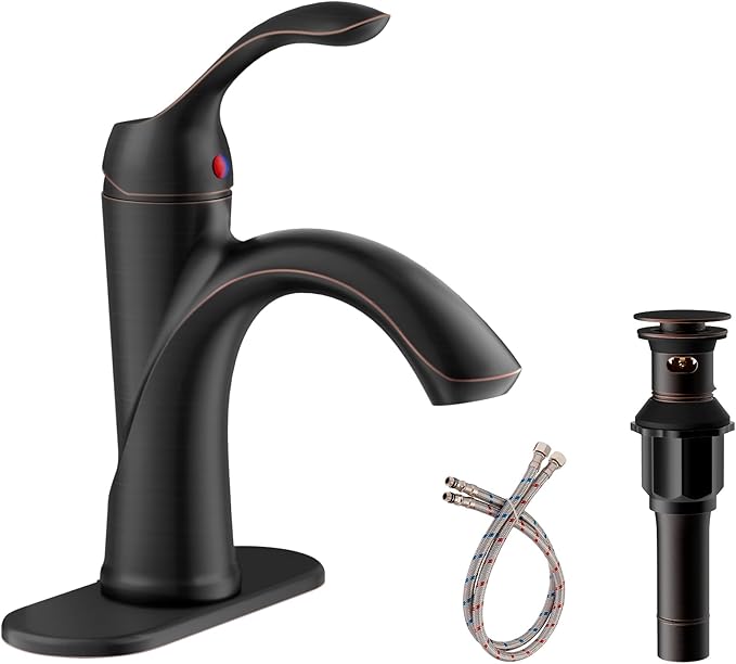 Homevacious Oil Rubbed Bronze Bathroom Faucet 1 Hole One-Handle Lever Bathroom Sink Faucets Bath Rustic Lavatory Basin Mixer Tap with Pop Up Drain with Overflow Supply Hose ORB