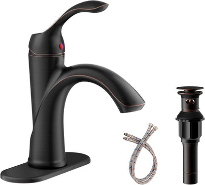 Homevacious Oil Rubbed Bronze Bathroom Faucet 1 Hole One-Handle Lever Bathroom Sink Faucets Bath Rustic Lavatory Basin Mixer Tap with Pop Up Drain with Overflow Supply Hose ORB