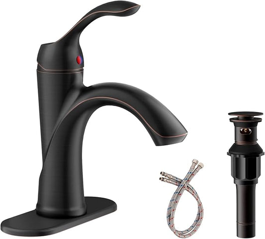 Homevacious Oil Rubbed Bronze Bathroom Faucet 1 Hole One-Handle Lever Bathroom Sink Faucets Bath Rustic Lavatory Basin Mixer Tap with Pop Up Drain with Overflow Supply Hose ORB