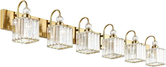 Ralbay Modern Gold Vanity Lights - 6-Light Gold Crystal Bathroom Vanity Lights Over Long Mirror
