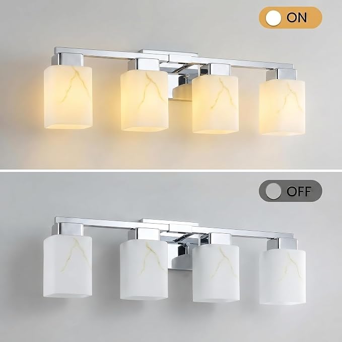 4-Light Square Bathroom Light Fixture, Chrome Modern Vanity Light with White Marble Glass Shade, for Bathroom Mirror, Living Room, Bedroom, Hallway, E26 Base