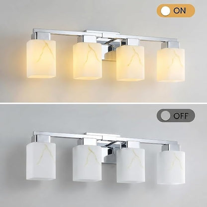4-Light Square Bathroom Light Fixture, Chrome Modern Vanity Light with White Marble Glass Shade, for Bathroom Mirror, Living Room, Bedroom, Hallway, E26 Base