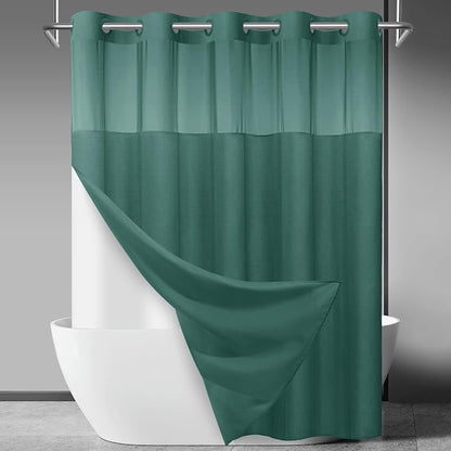 SORTTO No Hook Slub Shower Curtain with Liner, 71x74, Peacock Blue | Snap in Liner, 3 in 1, Bamboo Texture, Hotel Style, Waterproof Fabric, Mesh Top Window, Corner Magnets, Machine Washable