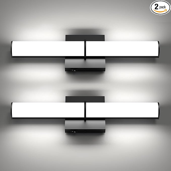 OOWOLF 2Pack 17.3Inch Black Vanity Light Fixture with Switch, 12W 5000K Led Bathroom Light Fixture Over Mirror, Hardwired Wall Light, 1200LM Vanity Light Bar for Mirror Bedroom Hallway Living Room