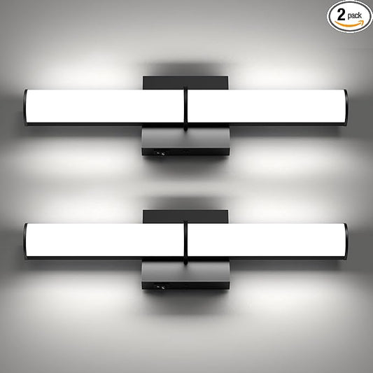 OOWOLF 2Pack 17.3Inch Black Vanity Light Fixture with Switch, 12W 5000K Led Bathroom Light Fixture Over Mirror, Hardwired Wall Light, 1200LM Vanity Light Bar for Mirror Bedroom Hallway Living Room
