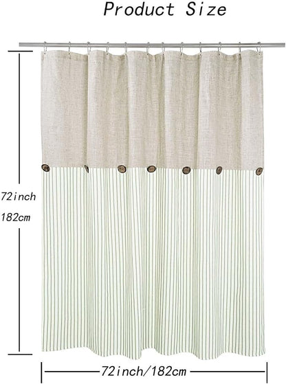 DOSLY IDÉES Farmhouse Shower Curtain, Beige and Green Stripe, Button Curtain, Linen and Cotton Blend Fabric, Rustic Charm Country Chic Style, 72x72 in