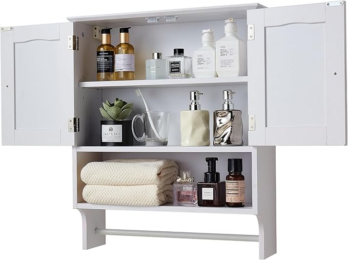 VEVOR Bathroom Wall Cabinet, 23" W x 27" H Storage Medicine Cabinet Wall Mounted, Hanging Organizer with Open Partition and Towel Bar for Laundry Room Kitchen, White