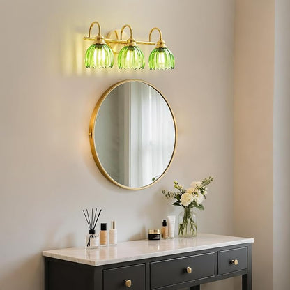 Vintage Bathroom Light Fixtures Gold, 3 Light Vanity Light with Green Glass Shade,E26 Base Bathroom Lighting Fixtures Over Mirror,Dimmable Vanity Lighting Fixtures for Restroom,Vanity,Mirror