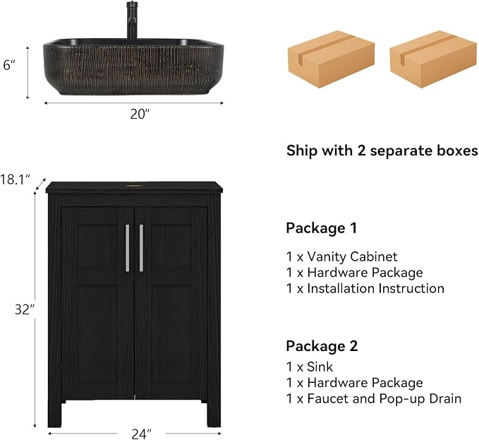 YOURLITE 24" Bathroom Vanity with Sink, Black Bathroom Vanity and Sink Combo with Faucet & Pop Up Drain Set,Traditional Vanity with with Black & Gold Ceramic Sink