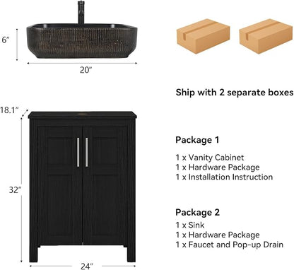 YOURLITE 24" Bathroom Vanity with Sink, Black Bathroom Vanity and Sink Combo with Faucet & Pop Up Drain Set,Traditional Vanity with with Black & Gold Ceramic Sink