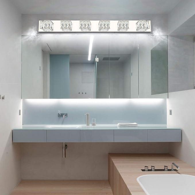 6-Light Bathroom Vanity Lights - LED Chrome Bathroom Lighting Fixtures Over Mirror - 36W Modern Vanity Lights for Bath Wall - Crystal Vanity Light Bar Cool White Light