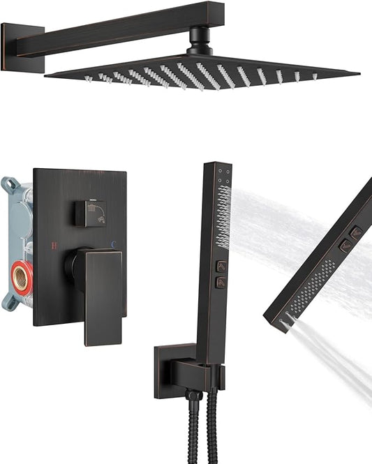 Shower Faucet Set Rainfall Shower System with Square Showerhead and Handle Set Fixture with 2 in 1 Function Handheld Sprayer Wall Mounted Trim Repair Kit Rough-in Valve 12 Inch Oil Rubbed Bronze
