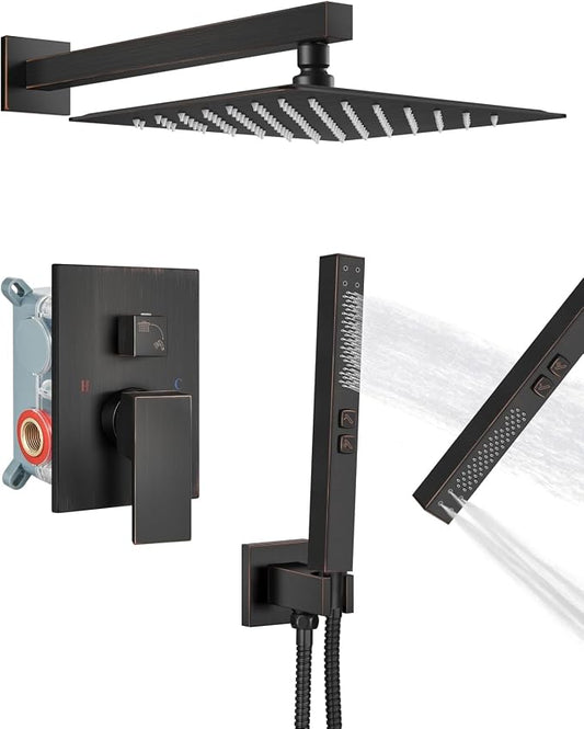 Shower Faucet Set 10-Inch Rain Shower System Oil Rubbed Bronze | Square SUS304 Shower Head, Dual-Mode Hand Spray, 59-Inch Hose and Brass Rough-In Valve for a Complete Wall-Mount Installation
