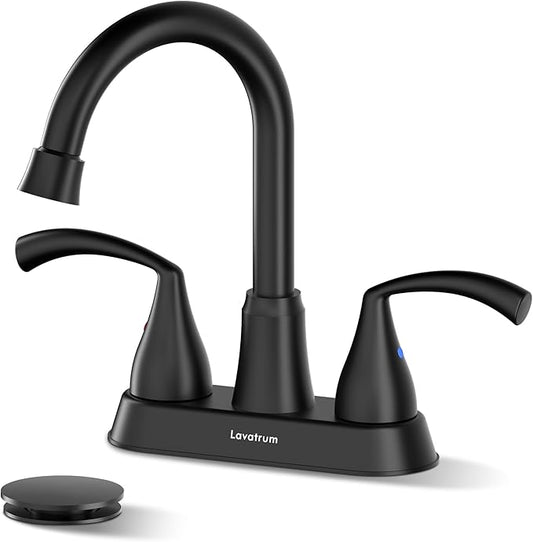 Bathroom Faucets for Sink 3 Hole 4 Inch 2 Handle Centerset Faucet for Sink Vanity Pop-up Drain Stopper and Supply Hoses（Matte Black）