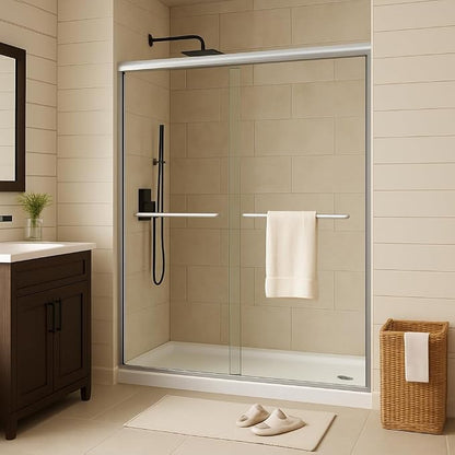 50-60" W x 72" H Aluminum Alloy Sliding Shower Door, Dual 5/16" (8mm) Tempered Glass with Easy-Clean Coating, Brushed Nickel Frameless Bypass Door for Bathroom Remodel