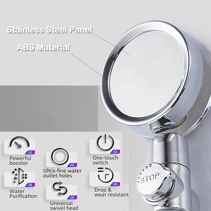 Turbocharged Handheld Shower Head, High Pressure Water Saving Handheld Propeller Showerhead with Filters Pause Switch Hydro Jet Easy Install