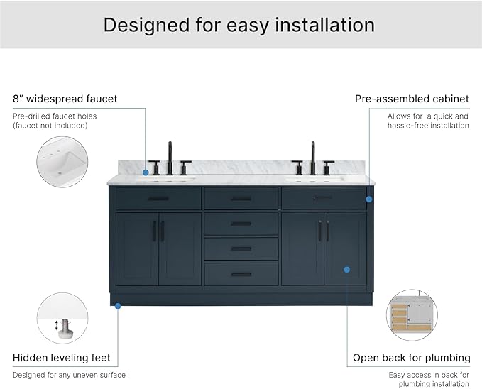 ARIEL Hepburn 72-inch Bathroom Vanity with Sink,Solid Wood, 0.75-inch Italian Carrara Marble Countertop, Double Rectangular Porcelain Sink, 4 Soft Closing Doors, 6 Dovetail Drawers, Midnight Blue