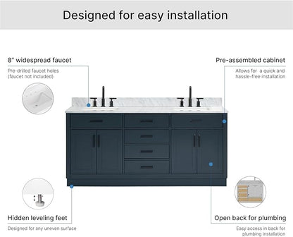 ARIEL Hepburn 72-inch Bathroom Vanity with Sink,Solid Wood, 0.75-inch Italian Carrara Marble Countertop, Double Rectangular Porcelain Sink, 4 Soft Closing Doors, 6 Dovetail Drawers, Midnight Blue