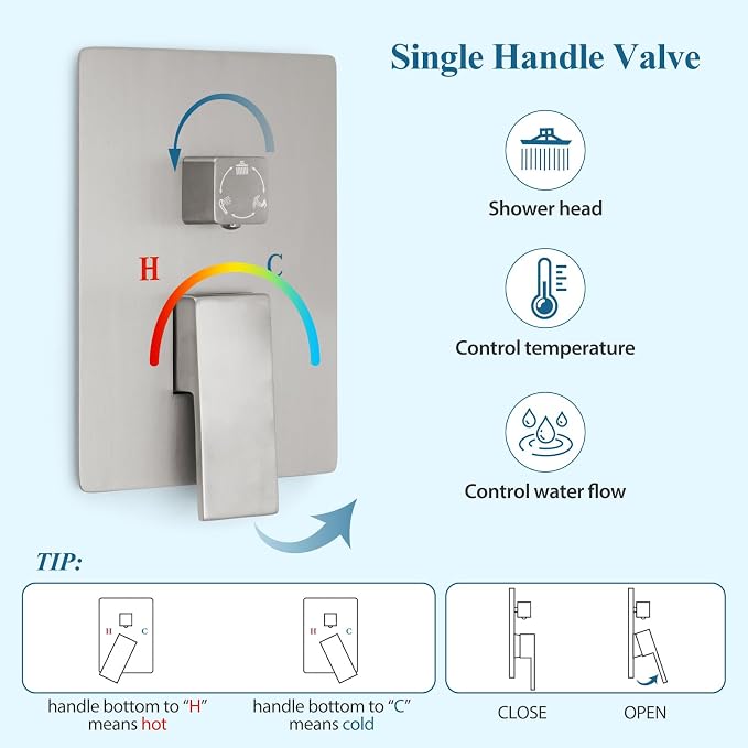 Brushed Nickel Square Rainfall Shower Head Set with Handheld & Faucet, 10" | Wall Mounted Bathroom Shower Faucet, 10 Inch Square Head, With Shower Valve, Rustproof Brushed Nickel, High Pressure Raindrop