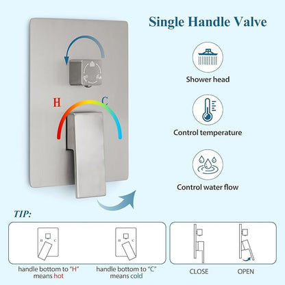 Brushed Nickel Square Rainfall Shower Head Set with Handheld & Faucet, 10" | Wall Mounted Bathroom Shower Faucet, 10 Inch Square Head, With Shower Valve, Rustproof Brushed Nickel, High Pressure Raindrop
