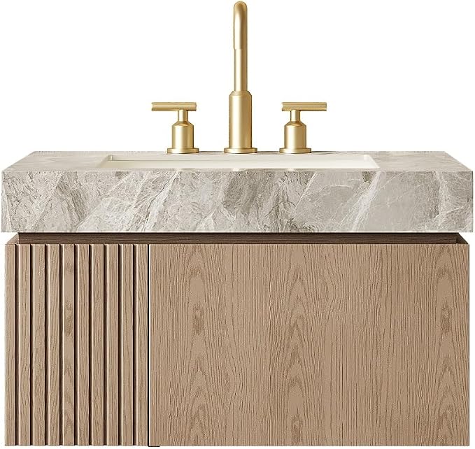 KEIKI 30 Inch Floating Bathroom Vanity with Sink, Light Brown & Grey | Modern Wall Mounted Storage Cabinet w/ Drawer & Door, Pre-assembled Wood Panels, Sintered Stone Top & Ceramic Basin Combo Set
