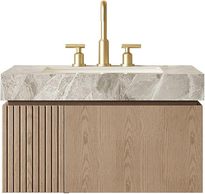 KEIKI 30 Inch Floating Bathroom Vanity with Sink, Light Brown & Grey | Modern Wall Mounted Storage Cabinet w/ Drawer & Door, Pre-assembled Wood Panels, Sintered Stone Top & Ceramic Basin Combo Set