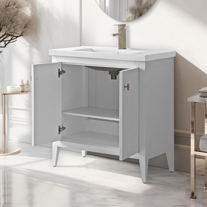 Vanity Art 30 inch Bathroom Vanity with Single Sink & Ceramic Top, Vanity Cabinet with Soft-Closing Door, Solid Wood Frame, Linear Pattern, White, Golden Brushed Handware VA9130-W-GB