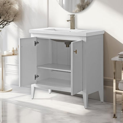 Vanity Art 30 inch Bathroom Vanity with Single Sink & Ceramic Top, Vanity Cabinet with Soft-Closing Door, Solid Wood Frame, Linear Pattern, White, VA9130-W-MB,Matte Black Handles