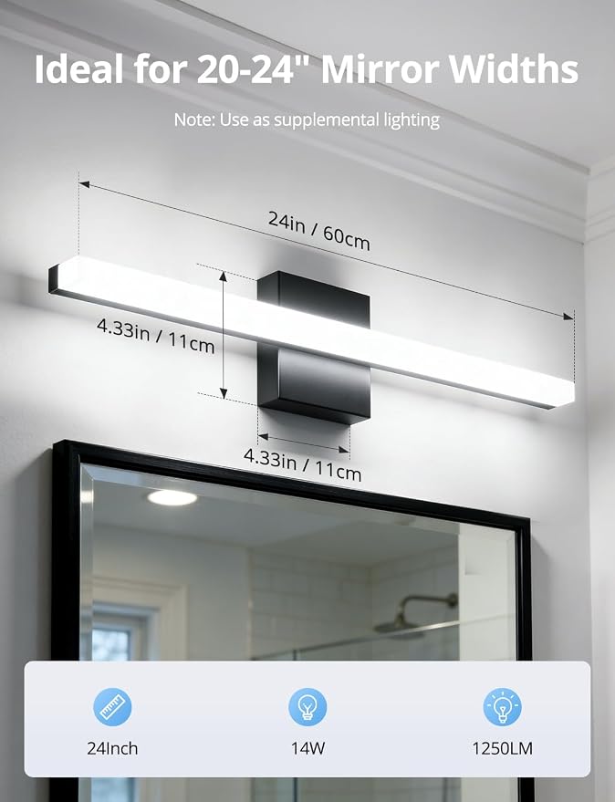 Led Vanity Lights Over Mirror Soft Shadow Free Black Bathroom Lamp for Wall,14W 24 Inch Long Restroom Lighting Bars Cool White 6000K Lámparas Luces para Baños Sobre Espejo Modernas 2 Pack