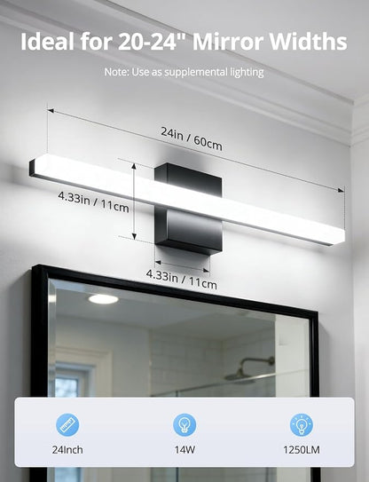 Led Vanity Lights Over Mirror Soft Shadow Free Black Bathroom Lamp for Wall,14W 24 Inch Long Restroom Lighting Bars Cool White 6000K Lámparas Luces para Baños Sobre Espejo Modernas 2 Pack