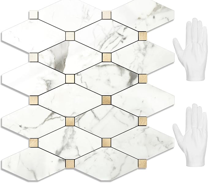 STICKGOO 10 Sheets Peel and Stick Backsplash, Polished Carrara White | PVC Mixed Metal Gold, Waterproof, Self Adhesive Tiles for Kitchen Wall, Bathroom, RV
