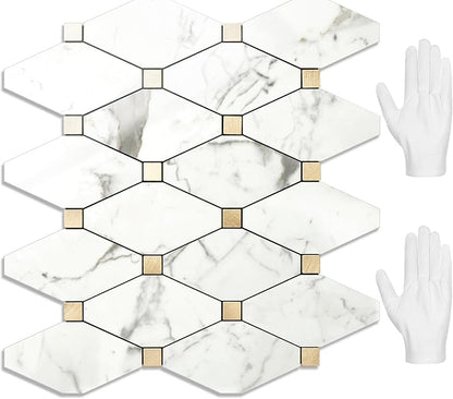 STICKGOO 10 Sheets Peel and Stick Backsplash, Polished Carrara White | PVC Mixed Metal Gold, Waterproof, Self Adhesive Tiles for Kitchen Wall, Bathroom, RV