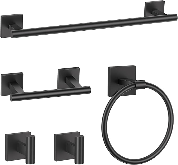 TURS Matte Black 5 Piece Bathroom Hardware Accessories Set, SUS304 Stainless Steel Bath Towel Bar Set, 24 Inch Round Bathroom Accessories Kit Wall Mounted