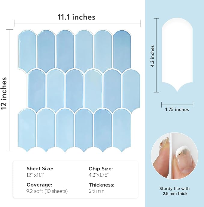Vamos Tile Thicker Peel and Stick Backsplash Tile,Light Blue,10-Sheet | Self Adhesive Vinyl Wall Tiles with White Grout, Stick on Backsplash for Kitchen, Bathroom, RV,Laundry,11.1''x12''